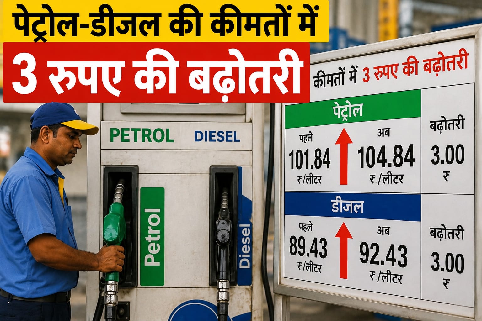 पेट्रोल-डीजल के दामों में इजाफा, प्रति लीटर ₹3 की बढ़ोतरी, नई कीमतें लागू: सीएनजी भी हुई महंगी।